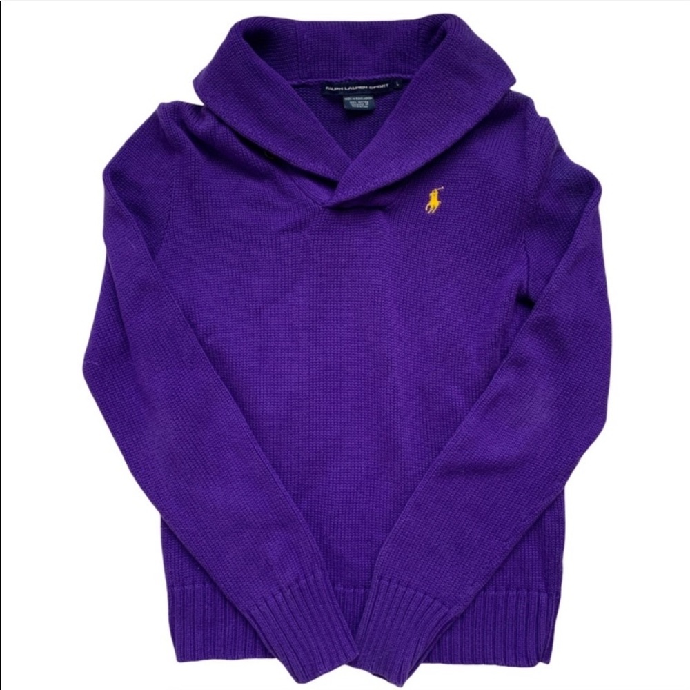 Ralph Lauren Shawl Neck Sweater Purple Size L Knit Collared Embroidered Logo